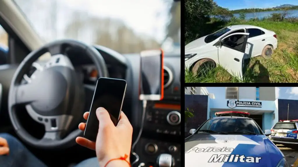Quadrilha de adolescentes são detidos por assalto a motorista de aplicativo na Serra Arte com 3 imagens na primeira a foto de um motorista de app, na segunda imagem um veiculo em meio a um matagal e ao fundo uma lagoa, e na trceira a entrada da 3ª Delegacia Regional situada na Serra