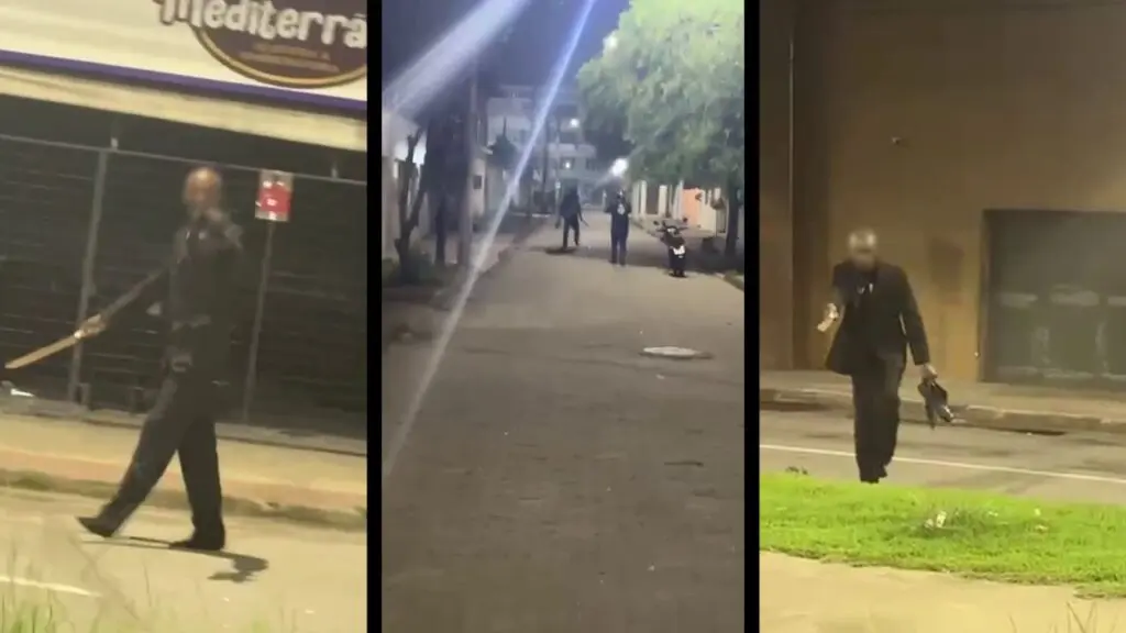 Vídeo: homem com facão aterroriza ruas de Colina de Laranjeiras na Serra Arte com 3 imagens, na primeira um homem de terno segurando uma facão, na segunda imagem dois homens perseguindo o sujeito, e na terceira imagem o homem apontando o facão para quem o gravava