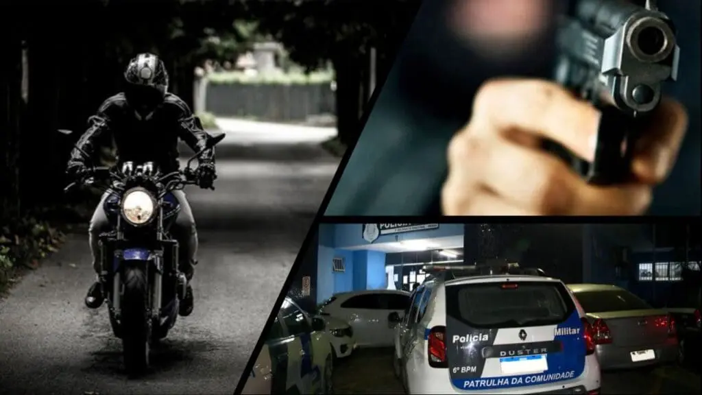 PM troca de tiros com assaltantes de moto na Rodovia do Contorno em Carapina Arte com 3 imagens na primeira um motociclieta em uma rua escura, parado com o farol da motocicleta aceso, na segunda imagem um homem segurando uma pistola, e na terceira imagem a entrada da sede da 3ª Delegacia Regional situada na Serra.