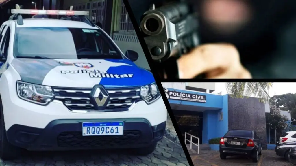 Casal de comerciantes é assaltado em plena luz do dia em Nova Carapina Arte com 3 imagens na primeira uma viatura da PM estacionada em um patio, na segunda imagem um homem segurando uma pistola com close em sua arma, e na terceira imagem a sede da 3ª Delegacia Regional situada na Serra.