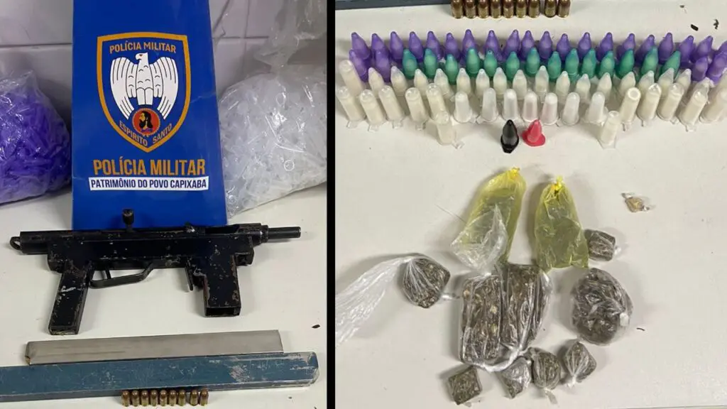 Polícia Militar arrocha biqueira na praça do bairro Novo Horizonte e encontra sujeitos com flagrantes Arte com 2 imagem sobre uma mesa branca, 78 pinos de cocaína, 11 buchas de maconha, uma pedra de crack, dinheiro em espécie, além da submetralhadora de fabricação caseira e dois carregadores para a mesma, contendo 8 munições intactas, além de centenas de pinos de cocaína.