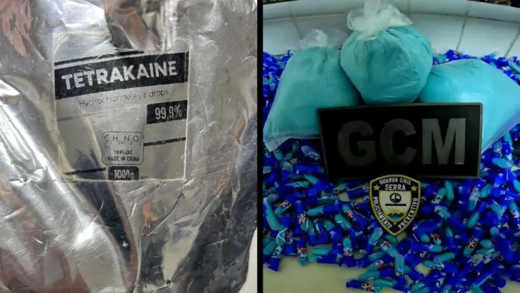 Revelada fórmula secreta da Cocaína do Capitão América: droga do super noiado e que aumenta as chances de ataque cardíaco Foto com uma embalagem cromada, chamada Tetracaine Hydrochloride Eye Drops 99%, um anestésico usado em olhos de pacientes, e do outro lado centenas de pinos de cocaína embaladas em pinos azuis e com o adesivo do herói Capitão America