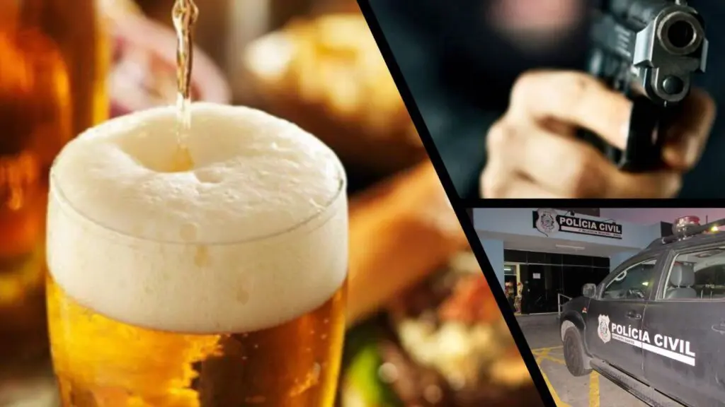 Dois homens são baleados enquanto bebiam dentro de bar em Campinho da Serra Arte com 3 imagens na primeira um copo de cerveja, sobre um balcão de bar com o fundo desfocado, na segunda um homem segurando uma pistola, e na terceira imagem a entrada da sede da 3ª Delegacia da Serra
