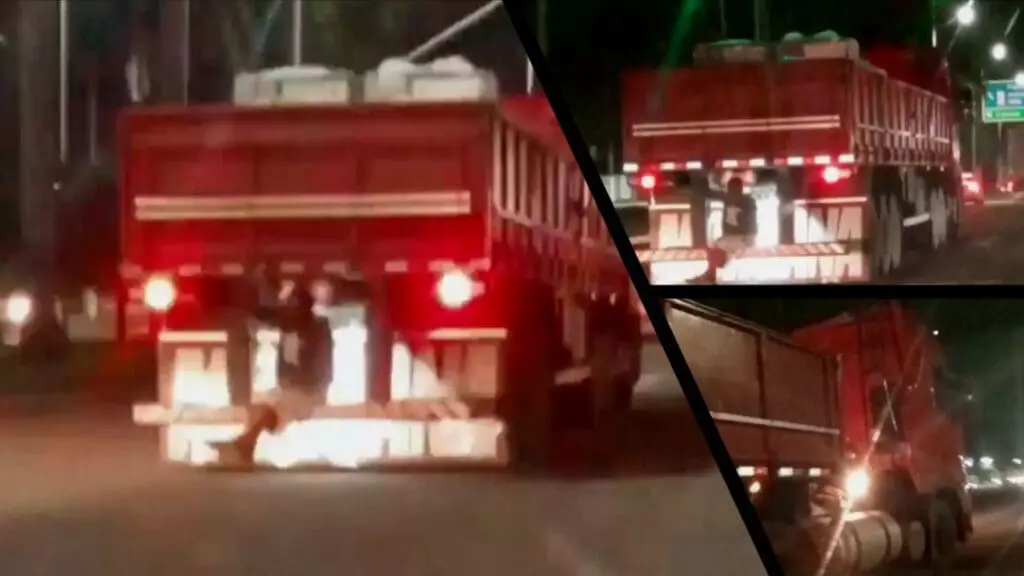 Vídeo: homem é flagrado pegando ‘ponga’ em para-choque de carreta na Serra Arte com três fotos com um homem sentado em um para-choques de caminhão, pegando uma carona, arriscando sua vida e as das demais pessoas que estavam na via