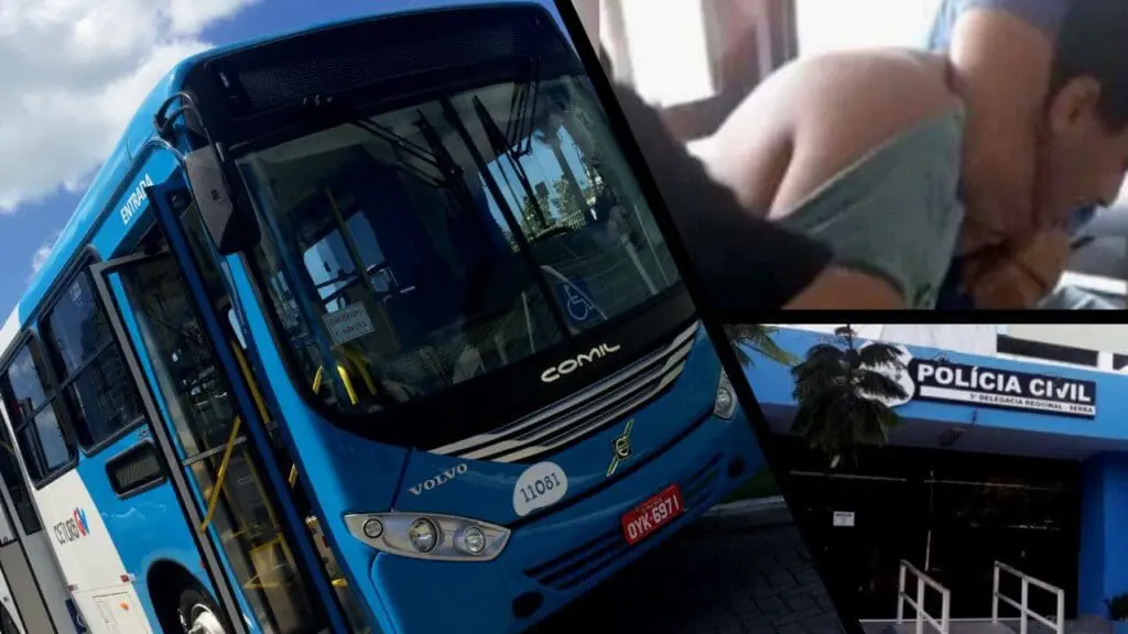 Sujeito é detido após praticar ato obsceno ao lado de jovem dentro de ônibus na Serra Arte com 3 imagens, na primeira a foto de um ônibus do sistema Transcol, na segunda imagem um homem recebendo uma gravata (Uma imobilização com o braço em volta do pescoço de outra pessoa), e na terceira a entrada da sede da 3ª Delegacia Regional sitada na Serra