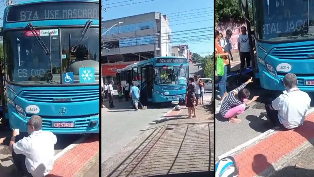 Vídeo: pessoas socorrem motociclista presa embaixo de ônibus em Jacaraípe Arte com 3 imagens de um acidente envolvendo um ônibus e uma motociclista, em uma rua do bairro Castelândia, nas fotos há populares em volta de um ônibus, uma motocicleta caída no asfalto e a vítima de baixo do ônibus!