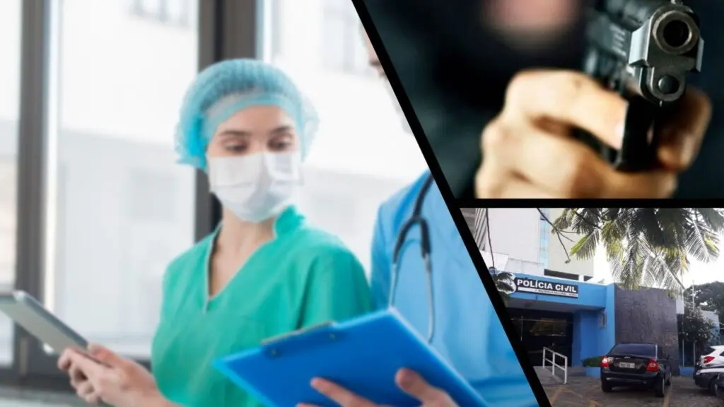 Enfermeira tem carro roubado e é feita de refém na Serra Arte com 3 imagens, na primeira imagem a foto de uma enfermeira ao lado de um médico com a foto levemente desfocada, na segunda imagem a foto de um homem segurando uma arma com o foco da imagem na arma e o fundo desfocado, na terceira imagem a entrada da sede da 3ª Delegacia Regional da Serra