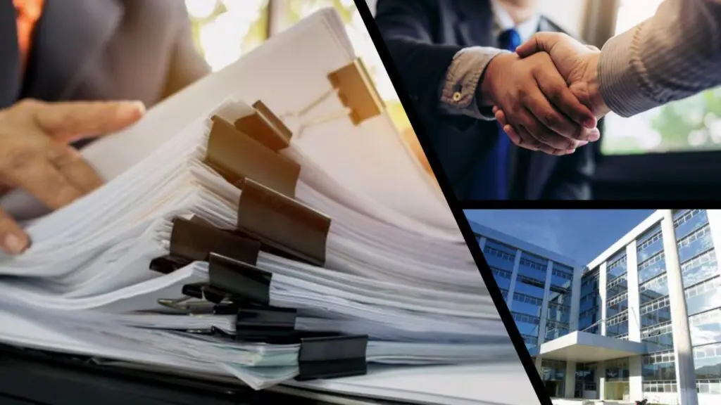 Vereador propõe lei que pode facilitar a vida de empreendedores e comerciantes na Serra Arte com 3 imagens na primeira uma pilha de documentos em cima de uma mesa, indicando como o sistema da Serra é burocrático e lento, na segunda imagem dois homens apertando as mãos, demostrando um acordo, e na terceira imagem a sede da Prefeitura da Serra