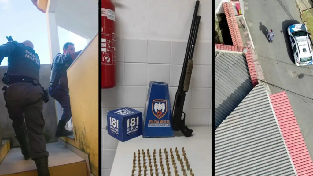 Vídeo: Polícia Militar prende homem armado com uma escopeta calibre 12 na Serra Arte com 3 imagens, na primeira a foto de dois Policiais Militares, armado subindo escadas de uma casa, na segunda imagem a foto da apreensão de uma espingarda 12 e dezenas de munições de arma calibre 9mm, e na terceira imagem a foto aérea do bairro de São Marcos na cidade da Serra