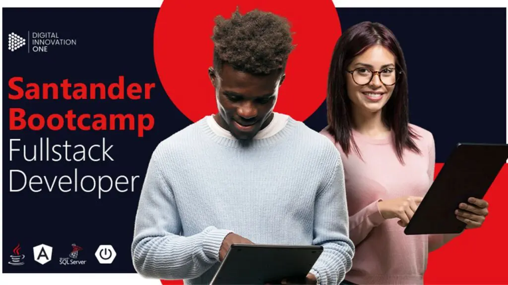 Programa Santander Bootcamp 2023 oferece 75 mil bolsas de estudo totalmente gratuitas no ES Arte promocional do Programa Santander Bootcamp 2023, com 2 jovens segurando tabletes.
