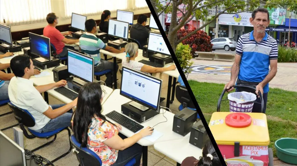 Brasil de vários exemplos: Desemprego, Oportunidade e Preguiça Laboratorio de informática e do outro lado um vendedor de picole