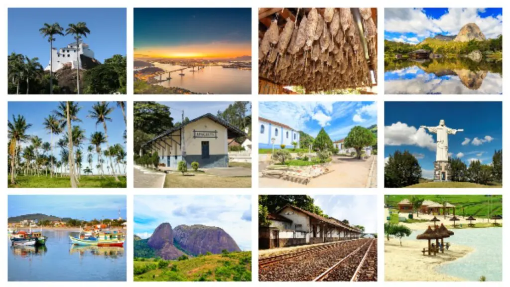 Governo capixaba apresenta novo Mapa do Turismo com 70 municípios Foto montagem com vários pontos turísticos no ES