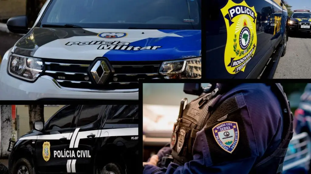 Pesquisa revela que estresse e exaustão extrema afetam mais de 70% das forças de segurança do Espírito Santo Arte com 4 imagens, na primeira uma viatura Polícia Militar com o foco da imagem no capo onde tem o logo da instituição, na segunda imagem uma viatura da Polícia Rodoviária Federal, com o foco na lateral mostrando o logo da Instituição, na terceira imagem uma viatura da Polícia Civil vista pela lateral e na quarta imagem uma foto de um agente da Guarda da Serra, com o foco em seu torço mostrando o bordado do emblema da instituição.