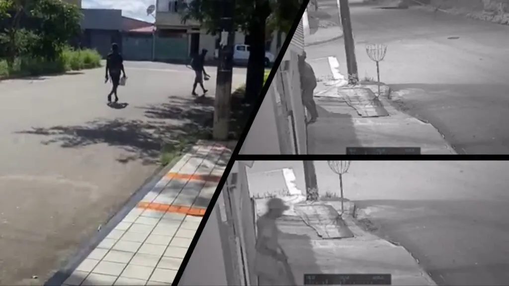 Vídeo: moradores de Nova Carapina estão revoltados com onda de furtos praticados na região pelos noiados Arte com 3 imagens na primeiras dois homens andando em uma rua do bairro Nova Carapina II, segunda imagem um homem encostado em um portão forçando a entrada em uma residencia, e na terceira imagem um homem após realizar roubo saindo com um carrinho de dentro da residência