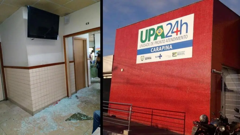 Ataque de Fúria: paciente se revolta durante espera por atendimento e vandaliza a UPA de Carapina Foto com 2 imagens na primeira estilhaços de vidro, por todo o chão de uma sala de espera e uma televisão danificada que era usada como monitor para os pacientes acompanharem seus numeros de atendimentos