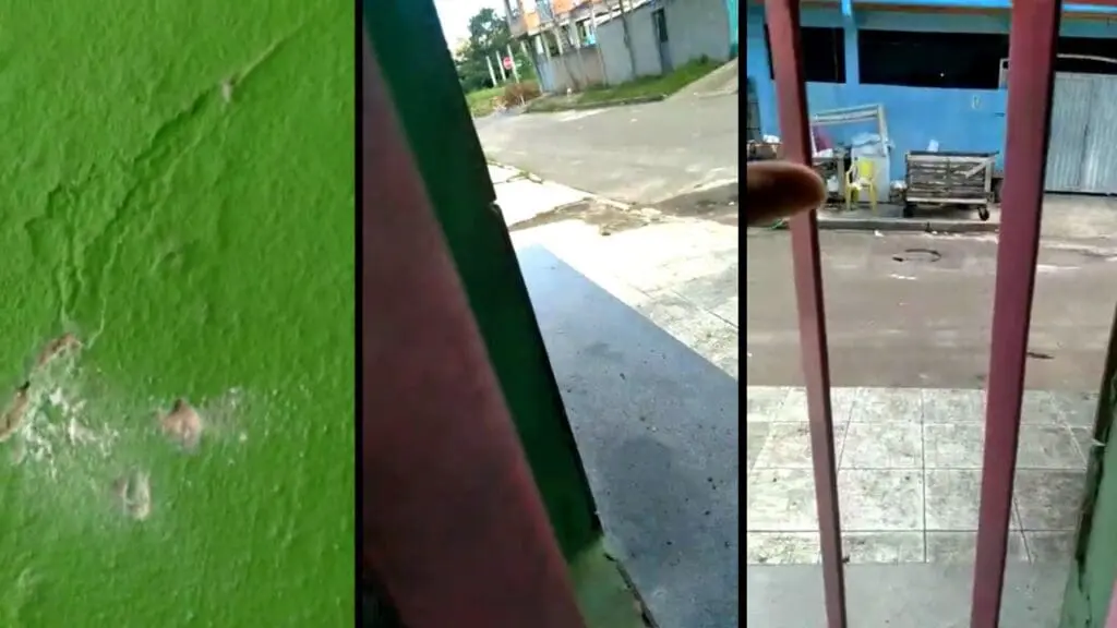 Vídeo: moradora tem casa atingida por disparos e desabafa sobre a situação de Planalto Serrano Arte com 3 imagens na primeira imagem de parede com marcas de disparo, na segunda imagem a vista da varanda de uma casa mostrando a vista para a rua, e na terceira imagem a vista entre as grades da frente da residencia que foi alvejada por disparos de arma de fogo