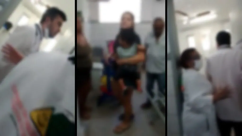 Vídeo: treta na UBS médico e paciente discutem durante consulta na Serra Arte com imagens desfocadas para proteger a imagem dos envolvidos, na primeira imagem, um médico que acabou se irritando com uma paciente sendo contido por enfermeiras e na segunda uma mulher segurando uma criança em um corredor de uma UBS, e na terceira imagem o médico entrando no consultório com uma enfermeira