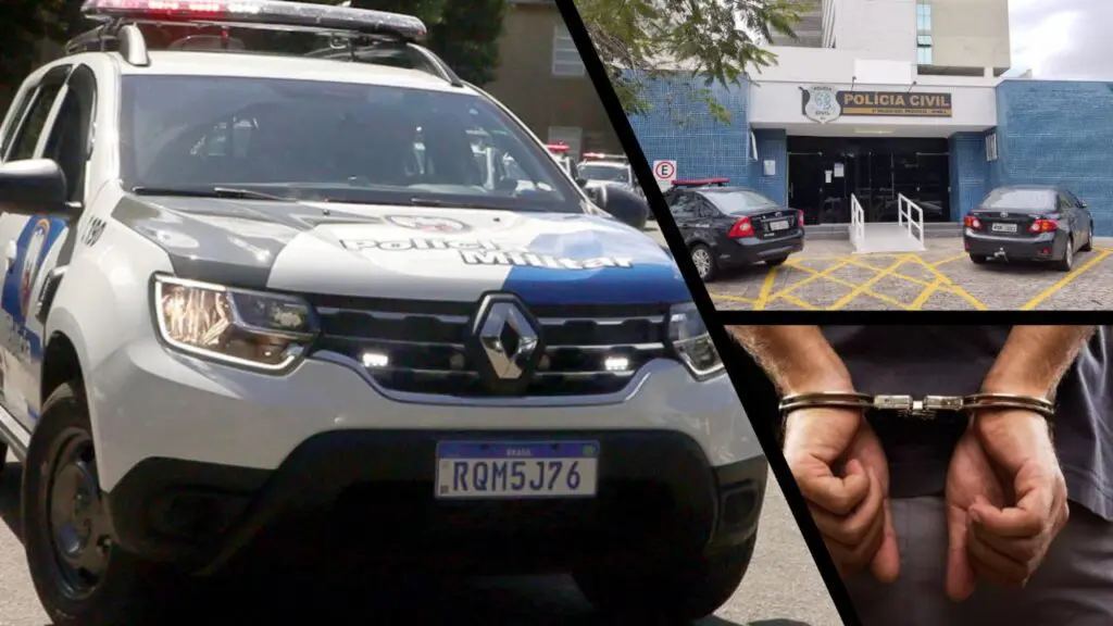 Polícia Militar prende em flagrante sujeito que assaltou e trancou vítimas dentro de clínica em Laranjeiras Arte com 3 imegans na primeira, uma viatura da PM, em destaque estacionada em um Patio, na segunada imagem a entrada da sede da 3ª Delegacia Regional situada na Serra, e na terceira imagem um homem de costas algemado com as mãos para tras.