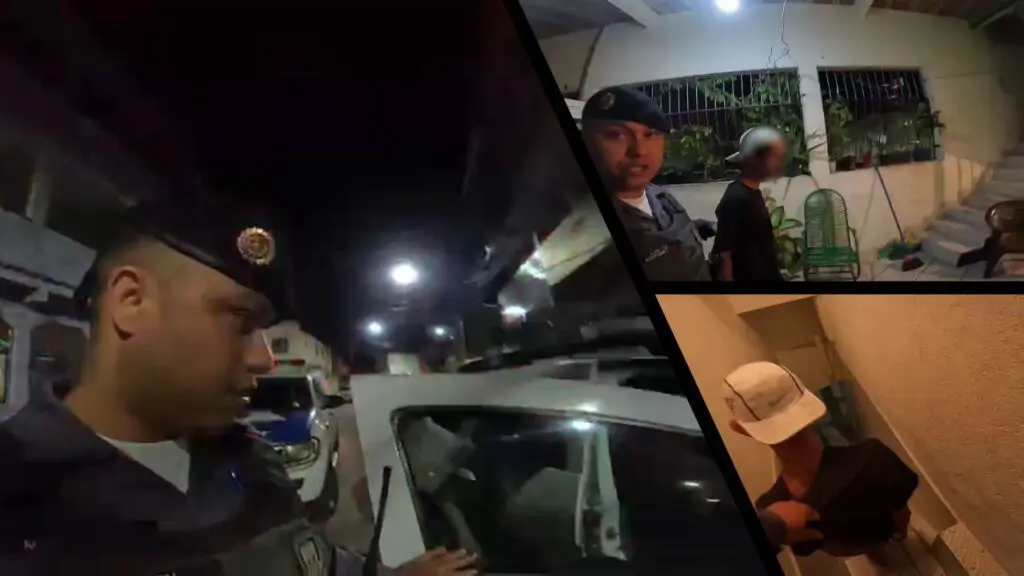 Vídeo: Polícia Militar prende homem que agrediu companheira com uma corrente na Serra Arte com 3 imagens na primeira a foto do cabo Marques ao lado de uma viatura, na segunda imagem o cabo Marques escolta o agressor detido por um quintal de uma casa, e na terceira imagem o agressor descendo as escadas de sua residencia