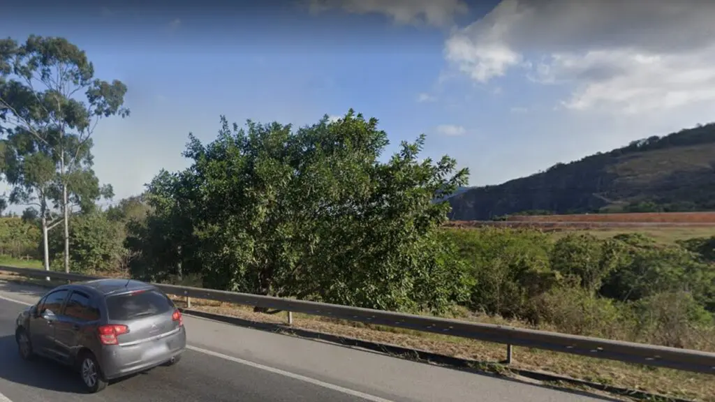 Chacina de animais: três cachorros são encontrados enforcados em uma árvore na Serra Imagem da BR-101 proximo ao bairro Nova Carapina I com arvores no lado esquerdo, e um veiculo travegando pela pista