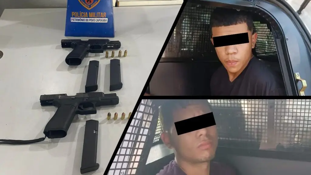 Polícia Militar prende em flagrante dupla logo após matarem adolescente em Vitória Arte com 3 imagens, na primeira imagem sobre uma mesa branca duas pistolas 9mm, 9 munições e 3 recarregadores, na segunda e terceira imagens dois suspeitos de matar um adolescentes de 16 anos