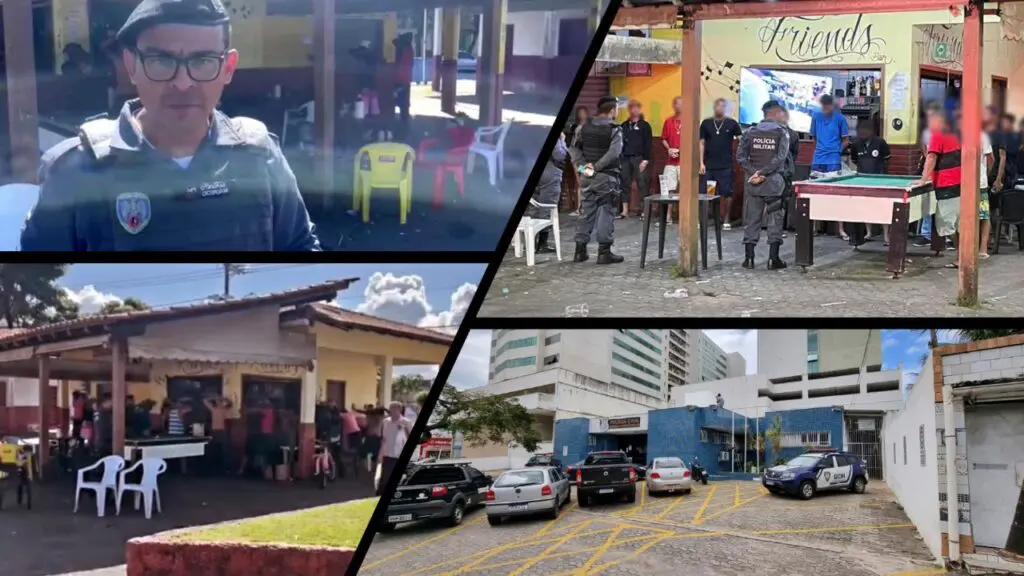 Polícia Militar lança nova operação para resgatar praça do bairro Feu Rosa Arte com 4 imagens, na primeira imagem sargento Mauricio em frente a praça Feu Rosa, ao fundo dezenas de pessoas sendo revistadas pelas equipes da PM, na segunda e terceira imagens, a praça de Feu Rosa com Polícias Militares falando com algumas pessoas, na quarta imagem a entrada da 3ª Delegacia Regional situada na Serra