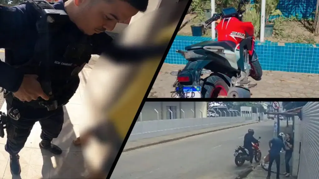 Vídeo: Guarda da Serra captura um dos suspeitos de realizar diversos roubos na região de Jardim Limoeiro Arte com 3 imagens na primeira um agente da Guarda da Serra, realizando uma revista em um indivíduo encostado em uma parede, na segunda imagem uma motocicleta twister vermelha estacionada no patio da 3ª Delegacia Regional da Serra, e na terceira a imagem de uma camara de segurança onde mostra o momento em que dois homens em uma moto cercam uma vítima, e realizam um assalto.