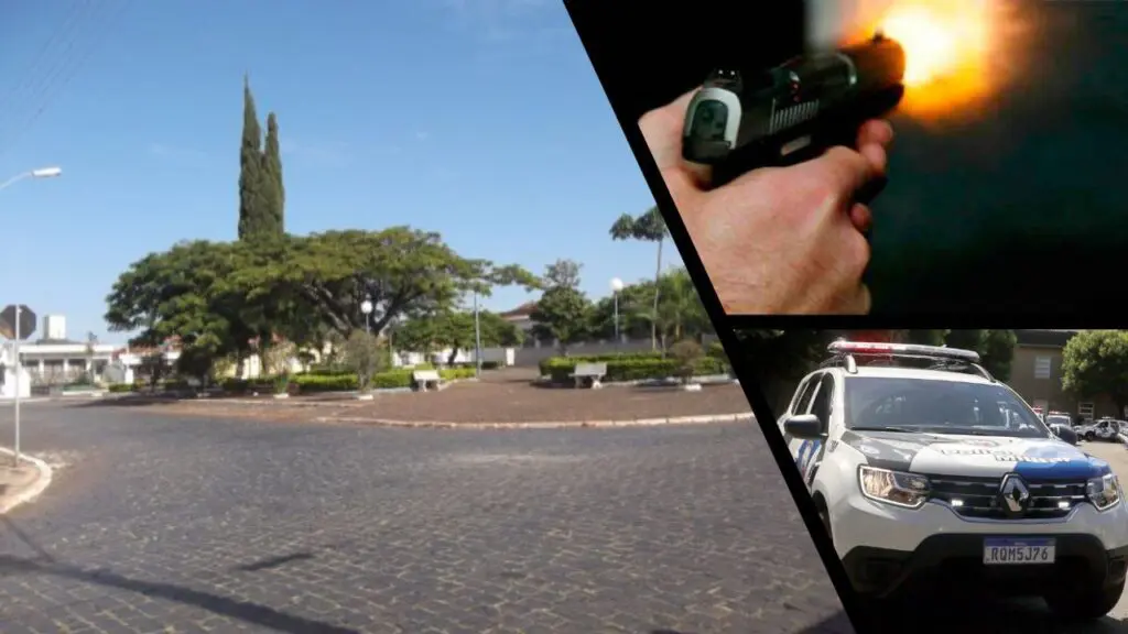 Homem misterioso é baleado durante tiroteio alucinante na praça do Itararé Arte com 3 imagens na primeira a praça do bairro de Itararé, na segunda imagem um homem segurando uma pistola e disparando, e na terceira imagem uma viatura da Polícia Militar estacionada em um patio com dezenas de viaturas ao redor