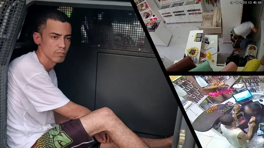 Polícia Militar prende em flagrante assaltante que agredia vítimas dentro de lojas em Serra Sede Arte com 3 imagens, na primeira imagem um homem, acusado de assaltos e agressões sentado dentro de uma viatura no local chamado de gaiola, onde é realizado o transporte de criminosos e suspeitos, na segunda imagem video de câmera de segurança, a imagem de dentro de uma loja de bijuterias, com um homem segurando uma vítima no chão enquanto disfere alguns murros nela, na terceira imagem a outra imagem de câmeras de segurança com o mesmo suspeito, segurando os braços de outra atendente.