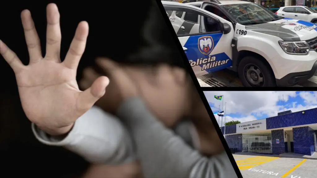 Homem é preso após estuprar ex-esposa e ser agredido em Vila Velha Arte com 3 imagens na primeira uma mulher com uma mão no rosto e outra aberta simulando um abuso sexual ou outro tipo de violência, na segunda imagem uma viatura da PM estacionada com uma das portas abertas, e na terceira imagem a entrada da sede da Delegacia Regional de Vila Velha.
