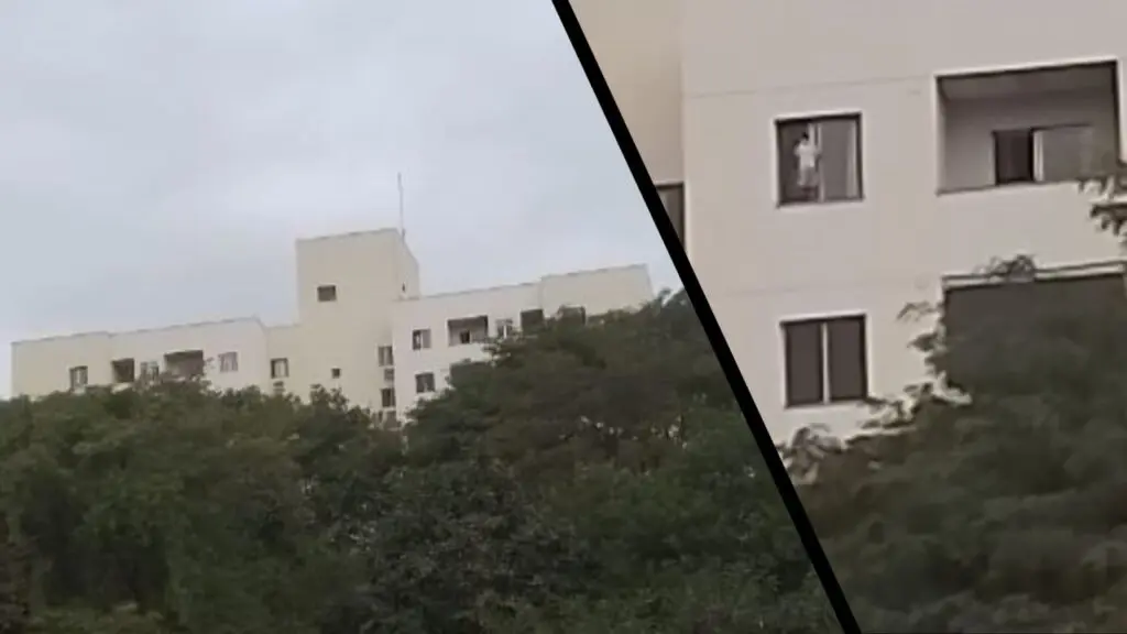 Vídeo: criança é flagrada em pé na janela do último andar de prédio em Colina de Laranjeiras Arte com 2 imagens na primeira imagem um prédio de 9 andares visto de longe, em meio a várias arvores, na segunda imagem, uma criança em pé em uma janela de um prédio