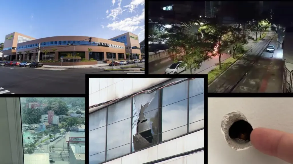 Cenas de Guerra: idoso morre vítima de bala perdida dentro hospital em Vitória Arte com 5 imagens, na primeira a foto panorâmica do Complexo Life Vix Mall, na segunda imagem de uma via com um veículo incendiado, na terceira a imagem de uma janela com um furo de bala, na terceira uma janela de um quarto do hospital Complexo Life Vix Mall, e na quinta a imagem de uma parede com um furo de disparo de arma de fogo.