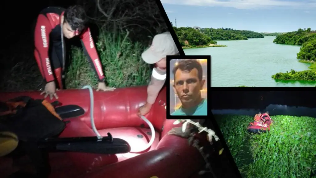 Tragédia na lagoa Jacuném: morador de Nova Carapina vítima de afogamento é enterrado na Serra Arte com 4 imagens em 3 delas a lagoa Jacuném, com militares do Corpo de Bombeiro, em um bote, realizando o resgate do corpo de uma vitima de afogamento e centralizado a foto da vítima do afogamento
