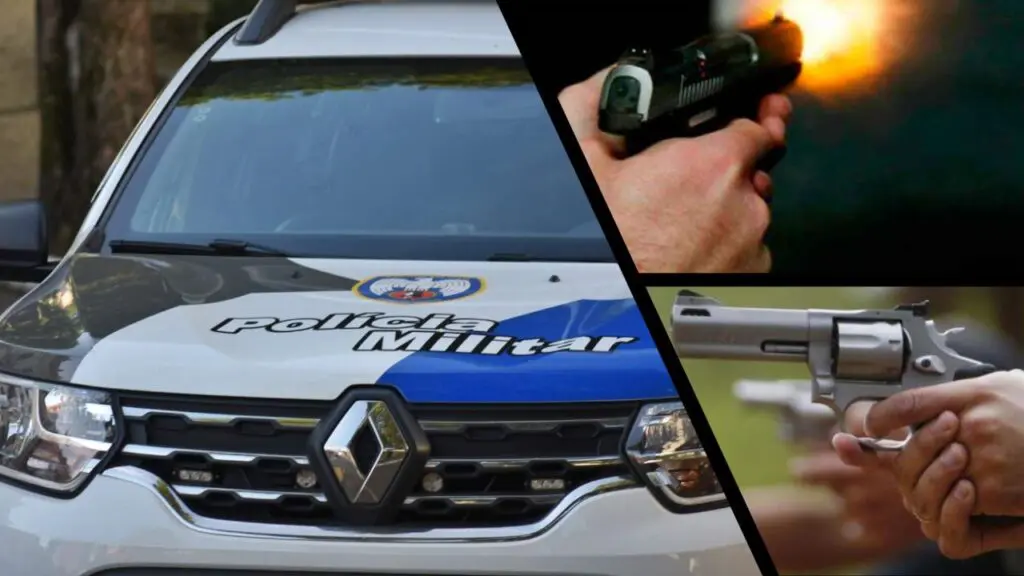 PM troca tiros com traficantes em área dominada pelo tráfico em Planalto Serrano Arte com 3 imagens na primeira uma viatura da Polícia Militar, na segunda imagem um homem segurando uma pistola no exato momento que há o disparo, na terceira imagem um homem segurando um revolver