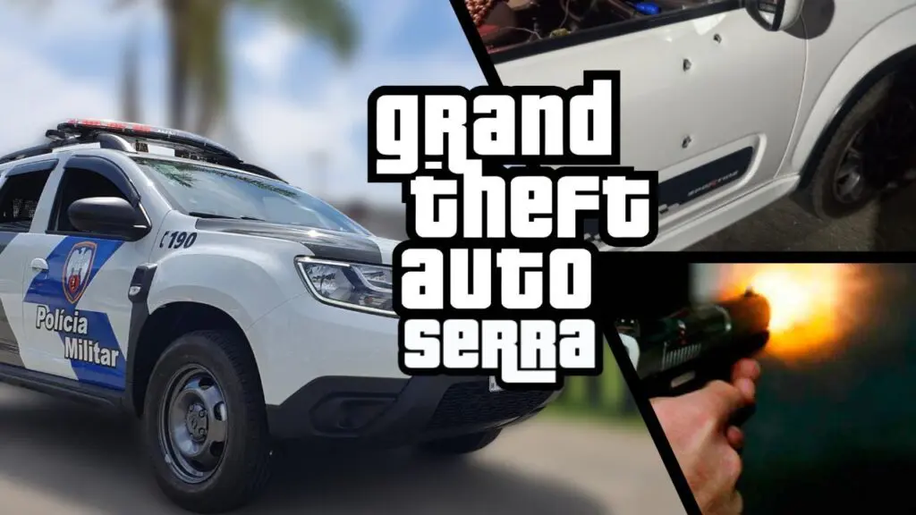 GTA Serra: Homem é baleado após sinalizar ultrapassagem em rodovia do Contorno Arte com 3 imagens, na pimeira uma viatura da PM estacionada em um local ensolarado com o fundo desfocado, na segunda imagem marcas de balas na porta de um veículo, e na terceira imagem, um homem segurando uma pistola, e o exato momento em que é realizado um disparo e sobre estas imagens está escrito Grand Theft Auto Serra