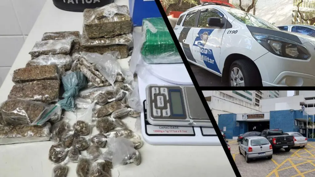 Policial Militar captura foragido da justiça escondido dentro de casa em Nova Carapina Arte com 3 imagens na primeira uma mesa branca com 72 pedaços de maconha além de duas balanças de precisão, na segunda imagem uma viatura da Polícia Militar estacionada, e na terceira imagem a entrada da 3ª Delegacia Regional da Serra.