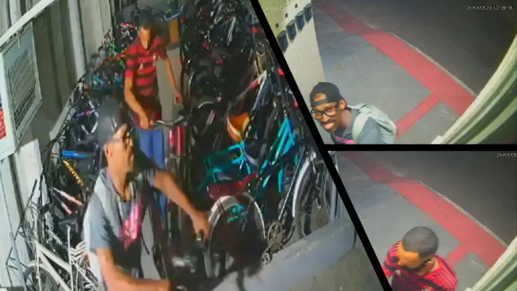 Vídeo: Sujeitos invadem e furtam bicicletas de condomínio em São Diogo Arte com 3 imagens na primeira dois homens furtando bicicletas de um bicicletário de um condomínio, na segunda imagem um dos ladrões quando arrombava o portão do condomínio olhando para a camera, e na terceira o momento que outro homem entra no condomínio para realizar o furto.