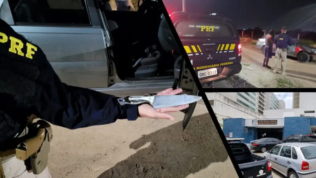 PRF recupera veículo roubado de motorista de aplicativo após fuga frenética na Serra Arte com 3 imagens, na primeira um agente da PRF segurando uma faca , usada no assalto a um motorista de App, na segunda imagem a foto de uma viatura da Serra estacionada em um local com uma area de mata ao fundo, e na terceira a entrada da sede da 3ª Delegacia Regional da Serra