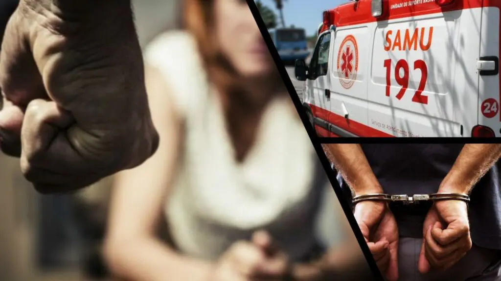 Homem é preso após tentar matar a própria esposa com uma foice na Serra Arte com 3 imagens na primeira uma imagem simulando uma agressão em destaque um punho fechado, e ao fundo uma mulher desfocada, na segunda uma ambulância do SAMU estacionada em uma via, e na terceira um homem de costas com as mãos para tras algemado.