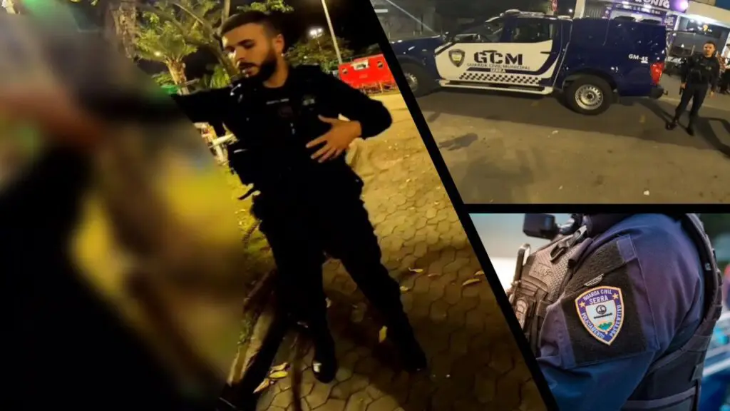 Vídeo: Guarda da Serra prende vapor após perseguição em praça de Novo Horizonte Arte com 3 imagens, na primeira imagem um agente da Guarda da Serra imobilizando um homem acusado de vender drogas em uma praça, na segunda imagem a imagem de uma viatura da GCM estacionada com um agente ao lado, e na terceira imagem uma foto com a imagem do logo da Guarda da Serra em um uniforme de um agente.