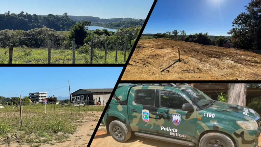Arte com 4 imagens na 3 primeiras fotos de locais onde houve invasão em areas de proteção ambiental, e na quarta imagem uma viatura da Polícia Militar Ambiental