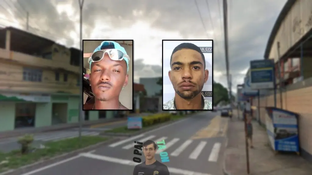 DHPP Serra elucida a morte misteriosa de estudante de Educação Física encontrado estrangulado dentro de apartamento Arte com uma imagem do bairro de Fatima desfocado e as imagens de dois homens acusados de cometer latrocínio, na parte de baixo em destaque o Delegado chefe da DHPP da Serra Rodrigo Sandi Mori com os dizeres o pai ta on