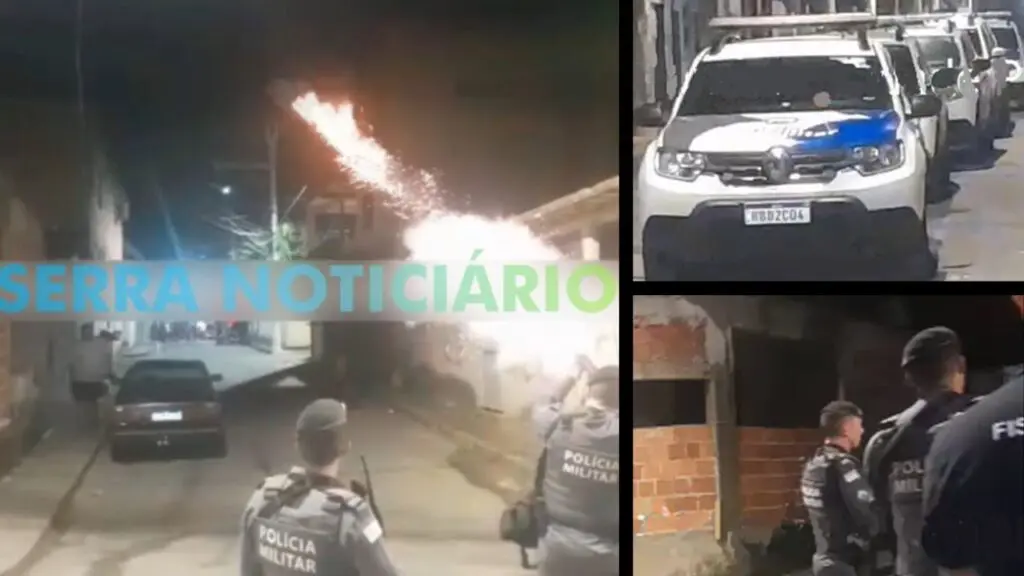 Vídeo: PM e Fiscais realizam ação contra baile clandestino na Serra Arte com 3 imagens, na primeira imagem dois policiais militares, um deles atirando uma bomba de efeito moral, na segunda imagem 6 viaturas da PM estacionadas em uma rua onde estava ocorrendo um baile clandestino, na terceira imagem policiais militares em uma esquina proximo ao baile clandestino.