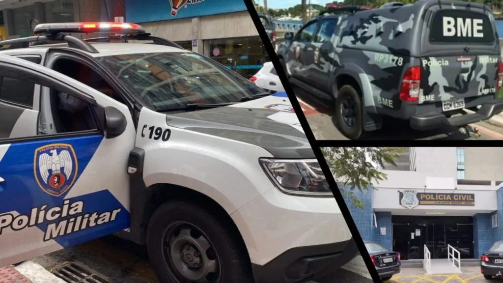 GTA Serra: policial penal alcoolizado toca o terror em posto de combustível Arte com 3 imagens na primeira uma viatura da PM estacionada, na segunda uma viatura do Batalhão de Missões Especiais e na terceira imagem a entrada da sede da 3ª Delegacia Regional da Serra.