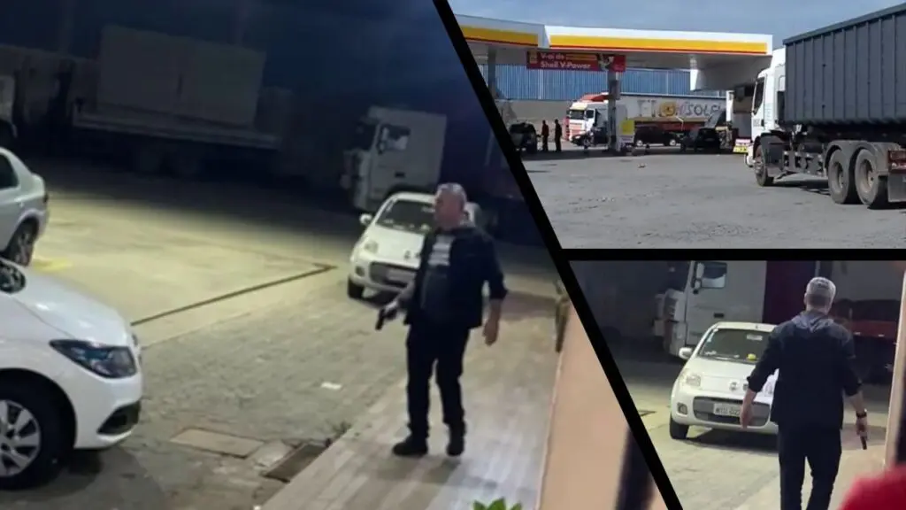 Vídeo Exclusivo: Inspetor penitenciário de pistola na mão toca o terror em posto de combustível Arte com 3 imagens na primeira imagem um ( homem de meia idade com calça jeans e blusa com capuz) Inspetor Penitenciario armado, em frente a uma loja de conveniência de um posto de combatíveis, na segunda imagem a foto panorâmica do posto de gasolina, e na terceira imagem o mesmo homem agora de costas com a arma na mão.