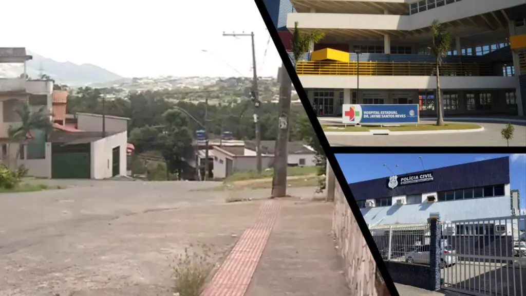 Jovem morre após ser espancado por seis homens em bar de Carapina Grande Arte com 3 iamgens na primeira umas das ruas do bairro Nova Carapina na segunda a fachada do Hospital Jayme dos Sanros Neve, e na terceira imagem a entrada do DML de Vitória.