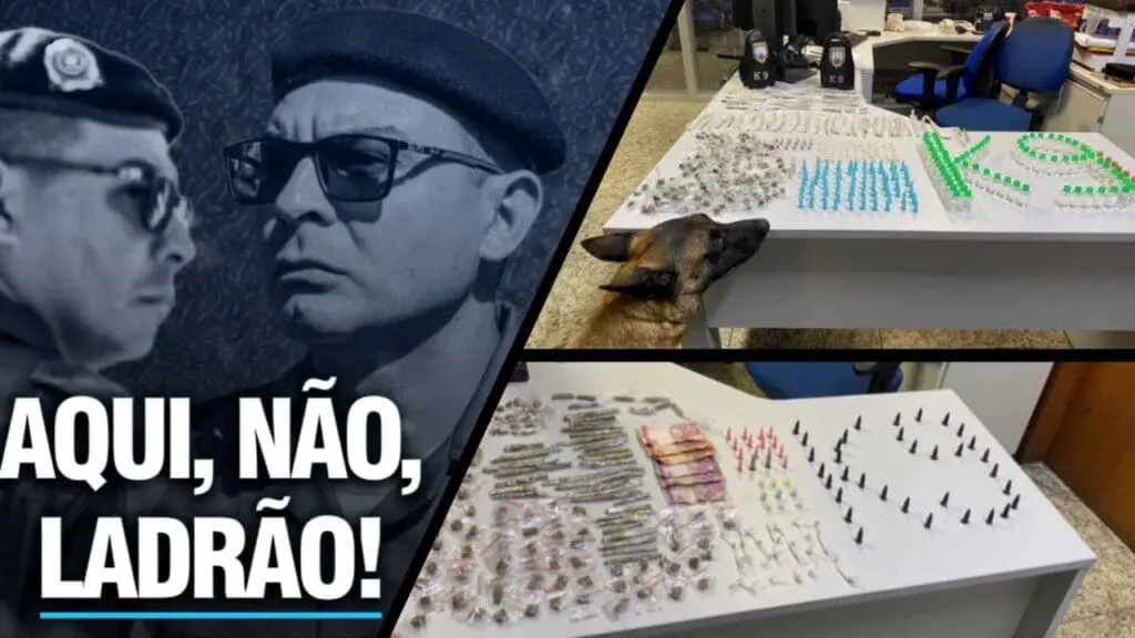 Plantão de Notícias: Polícia Militar realiza grande apreensões de drogas na Serra Arte com três imagens na primeira uma arte com duas fotos do Sargento Maurício, e a frase aqui não, Ladrão! na segunda imagem, o cão farejador Zorg ao lado de apreensões que estão sobre uma mesa branca e na terceira imagem uma mesa branca com centenas de entorpecentes apreendidos durante uma ocorrência no bairro Feu Rosa.