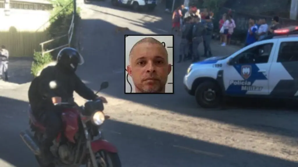Sargento da PM é baleado e suspeito é morto por traficantes horas depois em Vitória Arte com 2 imagens ao fundo desfocado uma avnida com um corpo caido no chão e curiosos em volta, alem de uma viatura da PM estacionada e centralizado a foto do homem que foi morto pelos traficantes