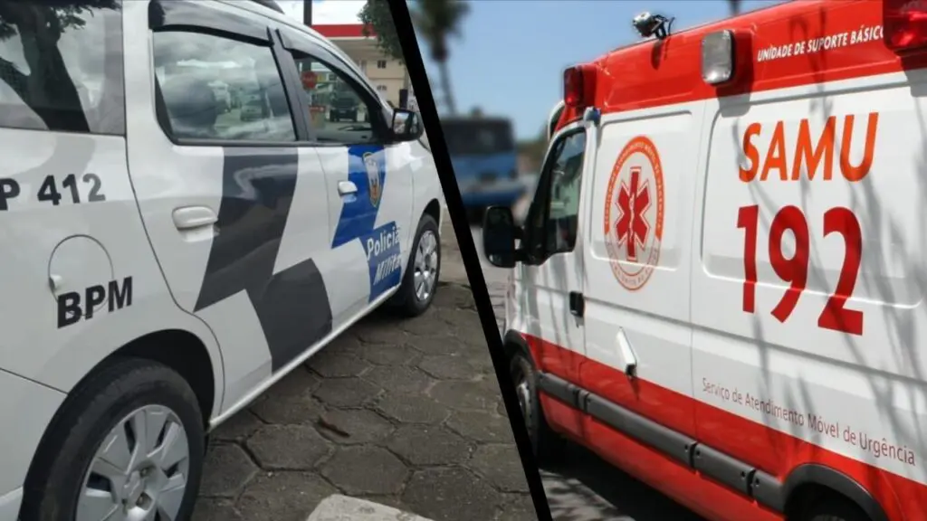 Homem termina esfaqueado após discussão em frente de boteco em Nova Carapina Arte com 2 imagens na primeira uma viatura da Polícia Militar, estaciona em uma via, na segunda imagem uma ambulância do SAMU