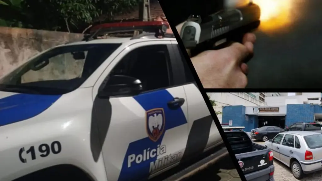 Polícia Militar é acionada após tiroteio dentro de empresa durante madrugada na Serra Arte com 3 imagens na primeira imagem uma viatura da Polícia Militar, na segunda imagem um homem disparando uma pistola, e na terceira imagam a entrada da 3ª Delegacia da Serra